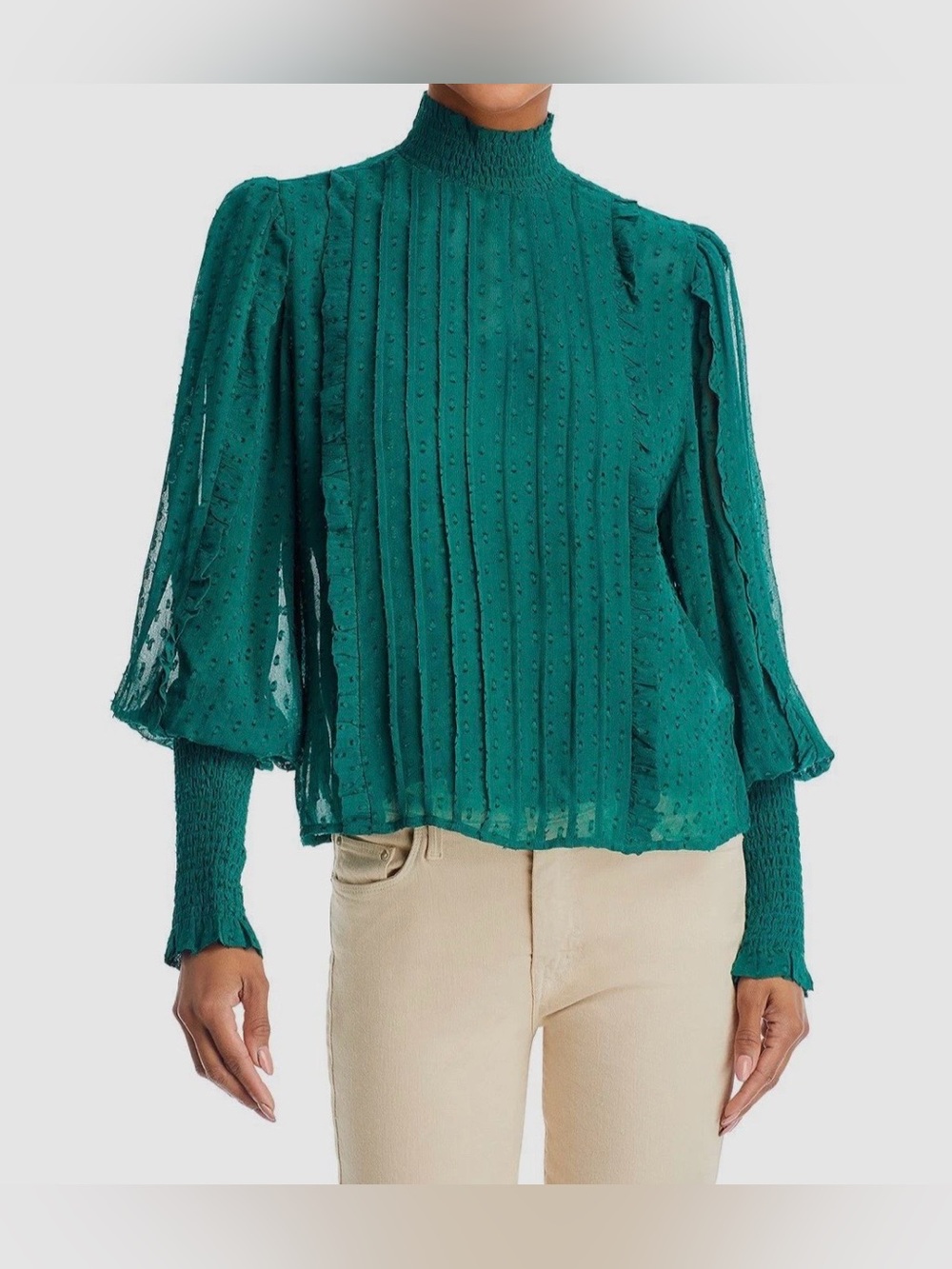 Farm Rio Smocked Mock Neck Emerald Green Swiss Dot Long Sleeve Blouse Size XS